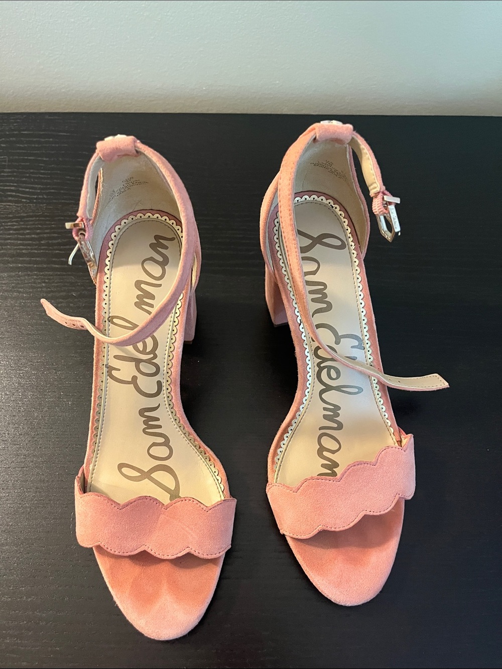 Sam Edelman Pink Scalloped Suede Block Heel Sandals